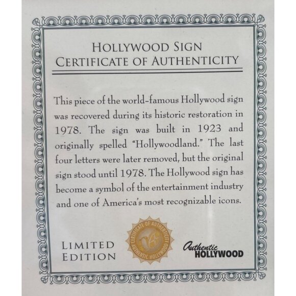 Authentic Hollywood Sign Piece Plaque With Certificate Of Authenticity In Black - Picture 3 of 12